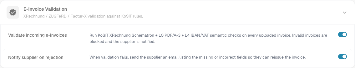 Les interrupteurs de validation des factures électroniques sur le type de document Facture
