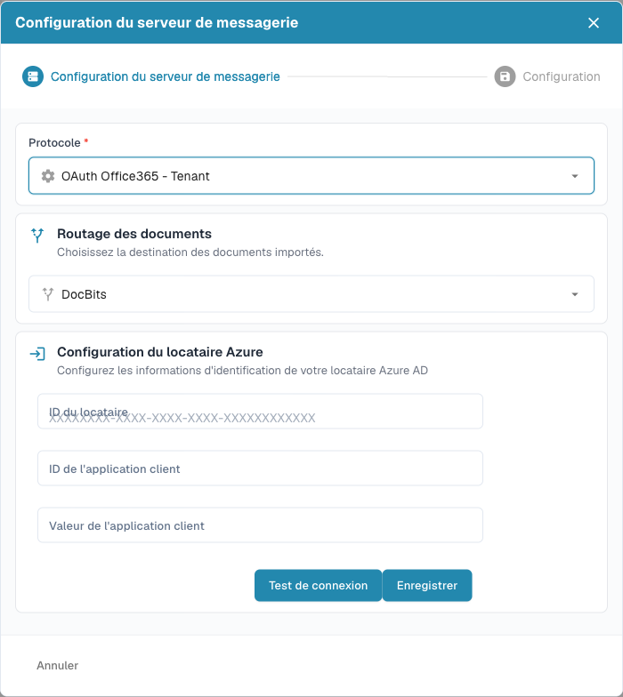 Configuration du locataire Azure avec ID de locataire, ID d'application cliente et Valeur d'application cliente