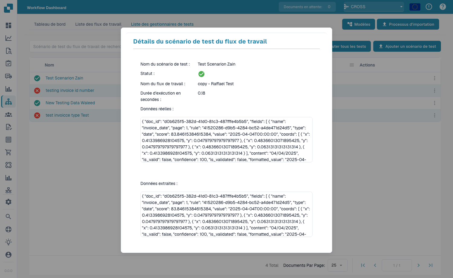 Détails d'un scénario de test de workflow avec le statut, la durée d'exécution et les données