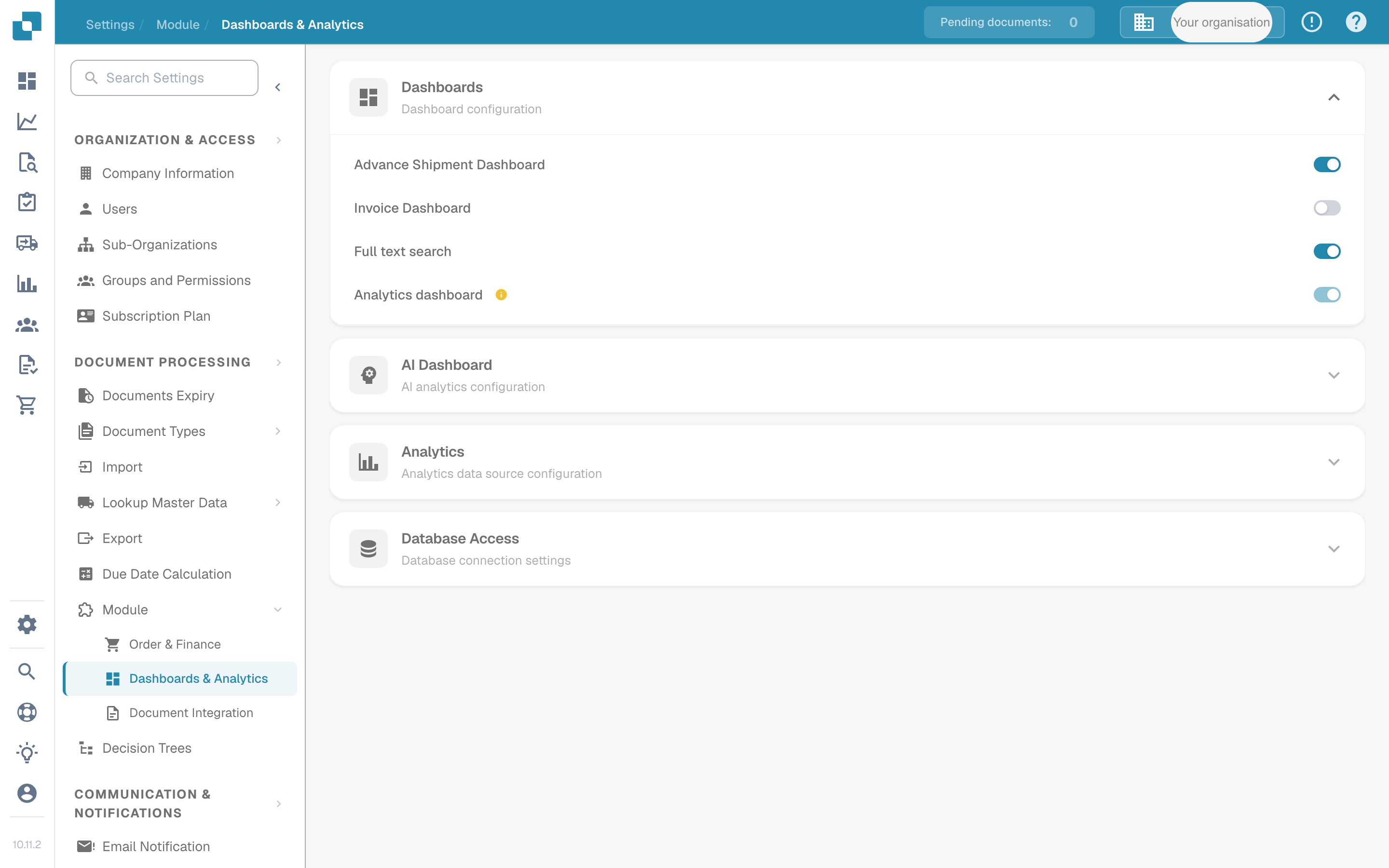 Page „Modules“ avec l'interrupteur „Full text search“ sous le groupe Dashboards