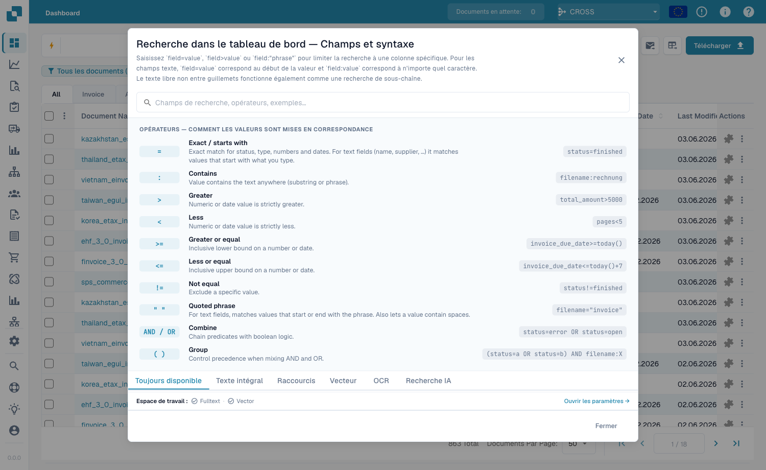 L'aide intégrée de recherche du tableau de bord avec tous les opérateurs