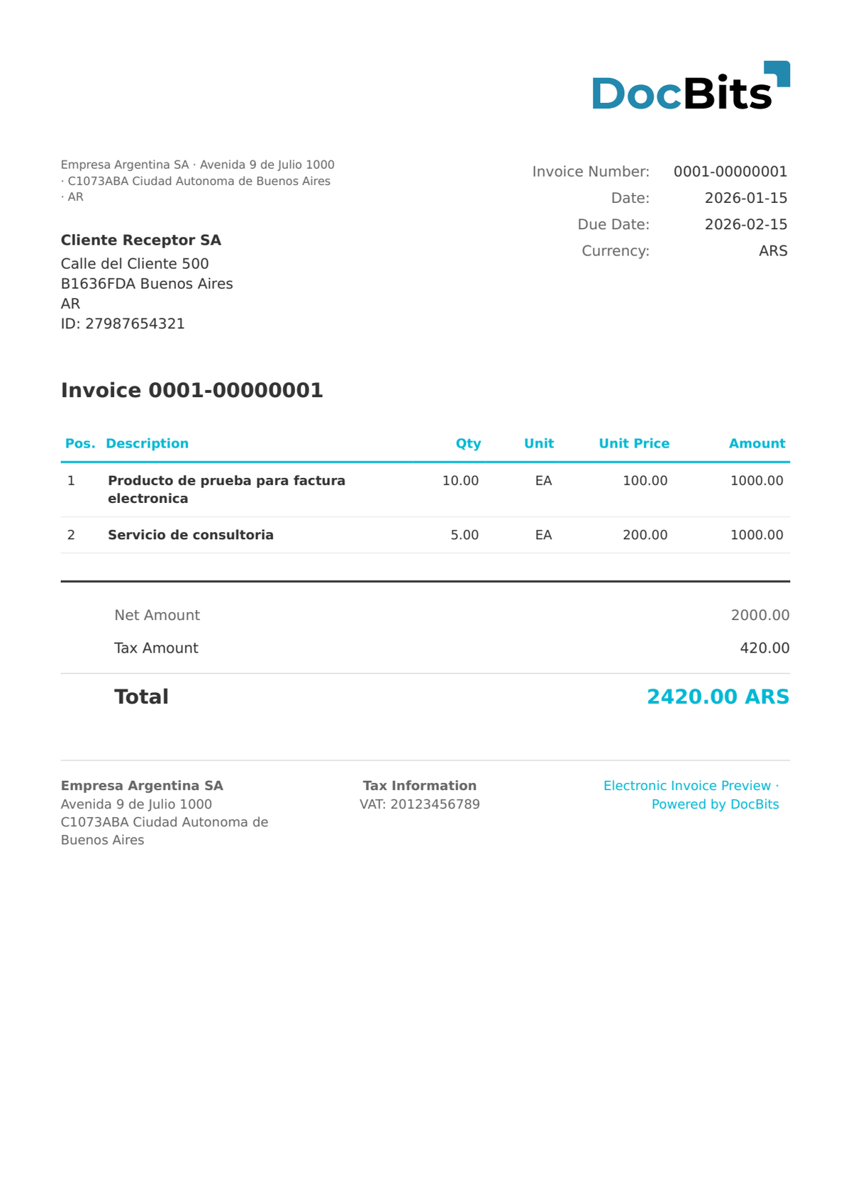 Aperçu de facture ARGENTINA AFIP dans DocBits