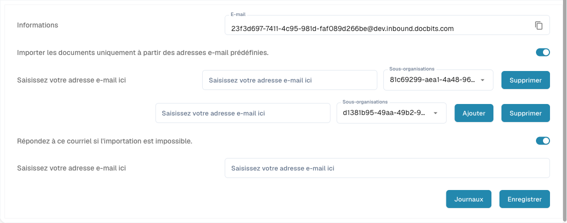 Section E-mails entrants : adresse d'import, expéditeurs prédéfinis et adresse de notification d'échec