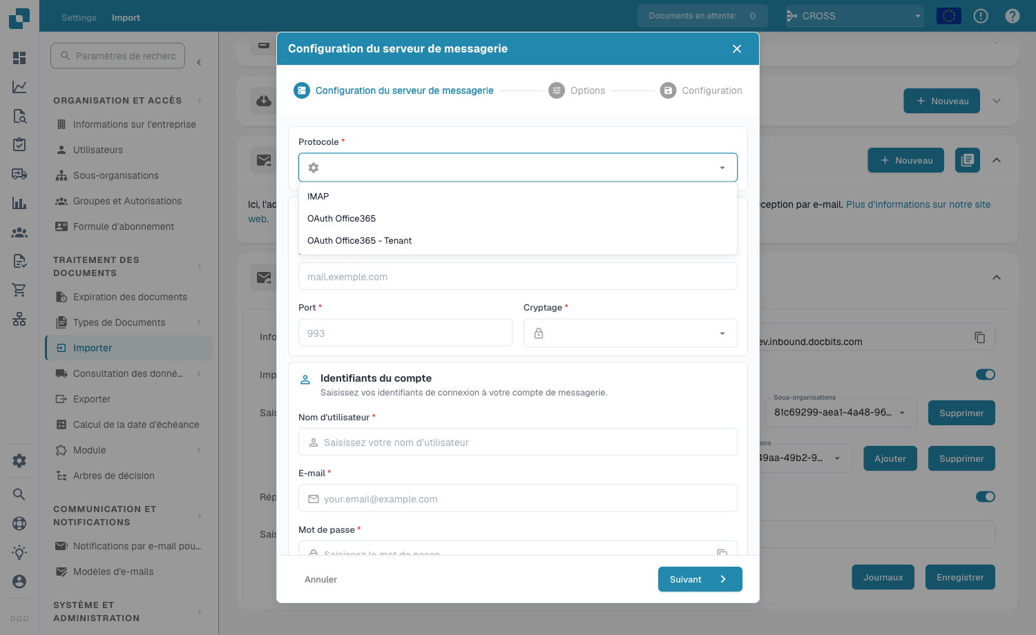 Liste déroulante Protocole avec IMAP, OAuth Office365 et OAuth Office365 - Tenant