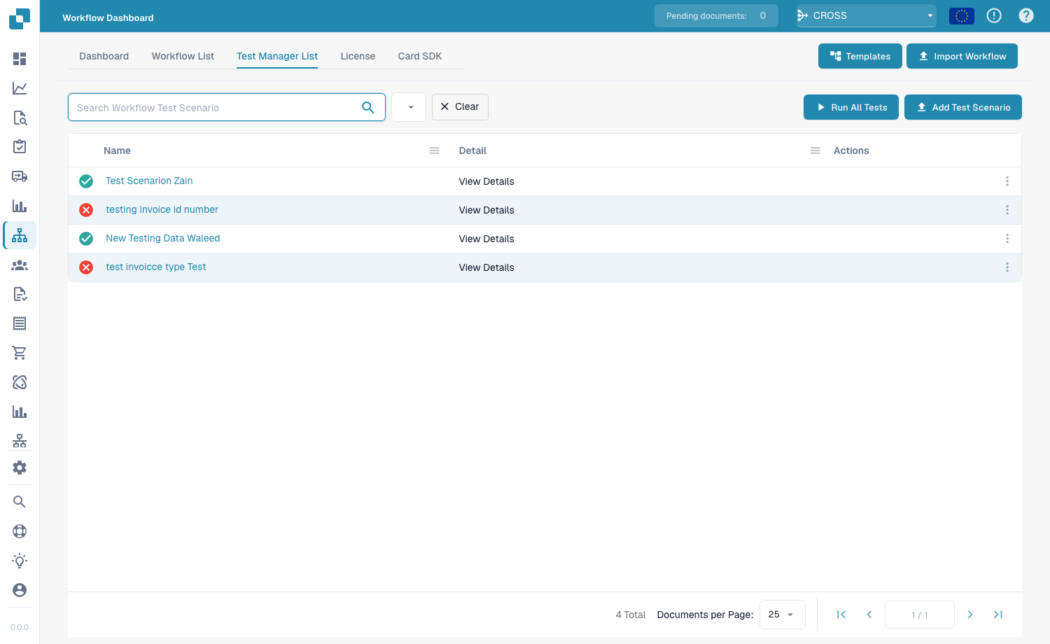 Test Manager List avec les scénarios de test, leur statut et Run All Tests