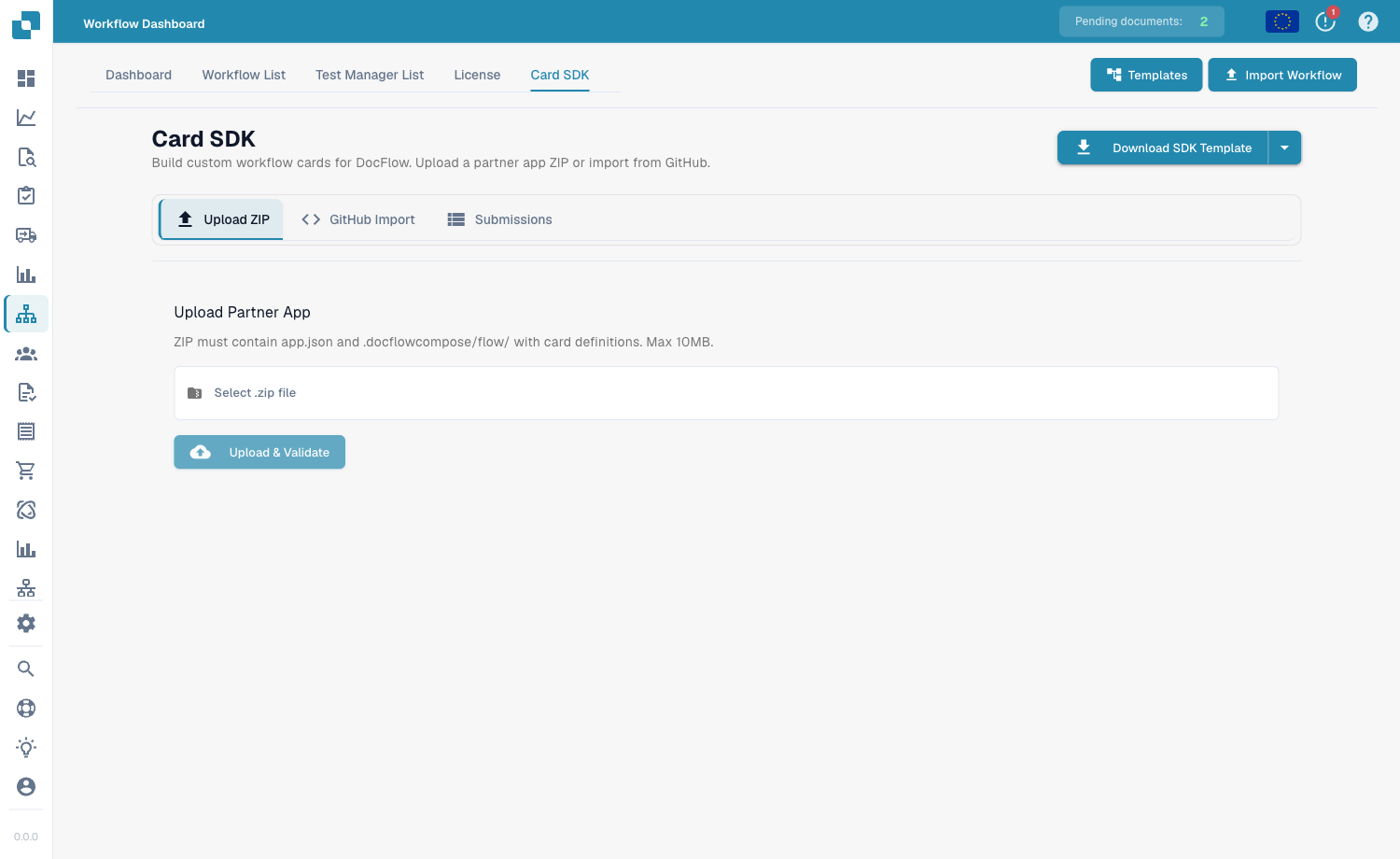 Onglet Card SDK avec Upload ZIP, GitHub Import et Submissions