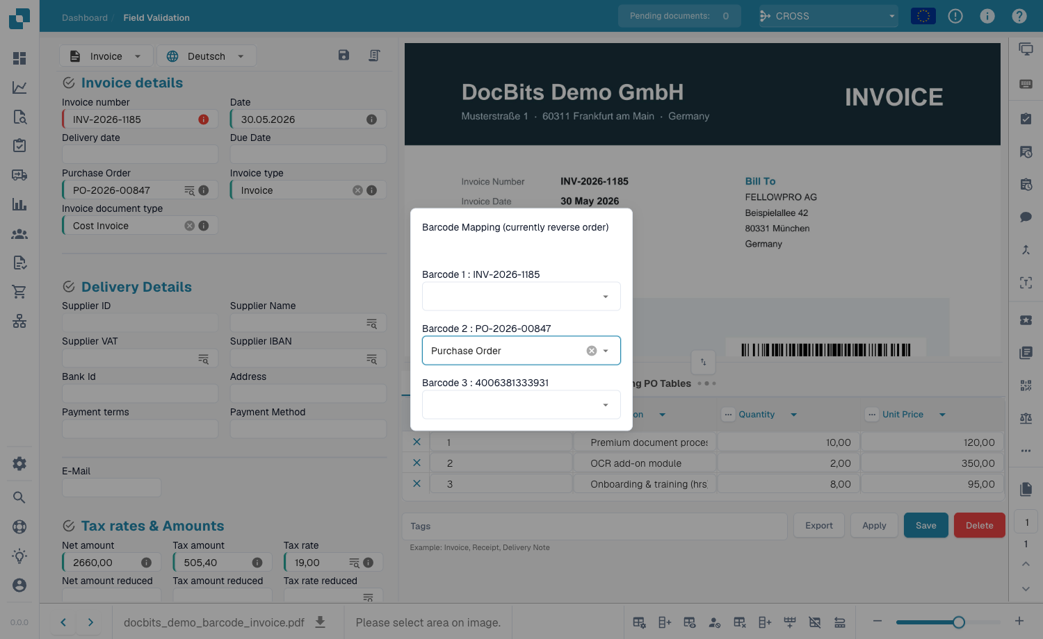 Code-barres affecté au champ Numéro de commande