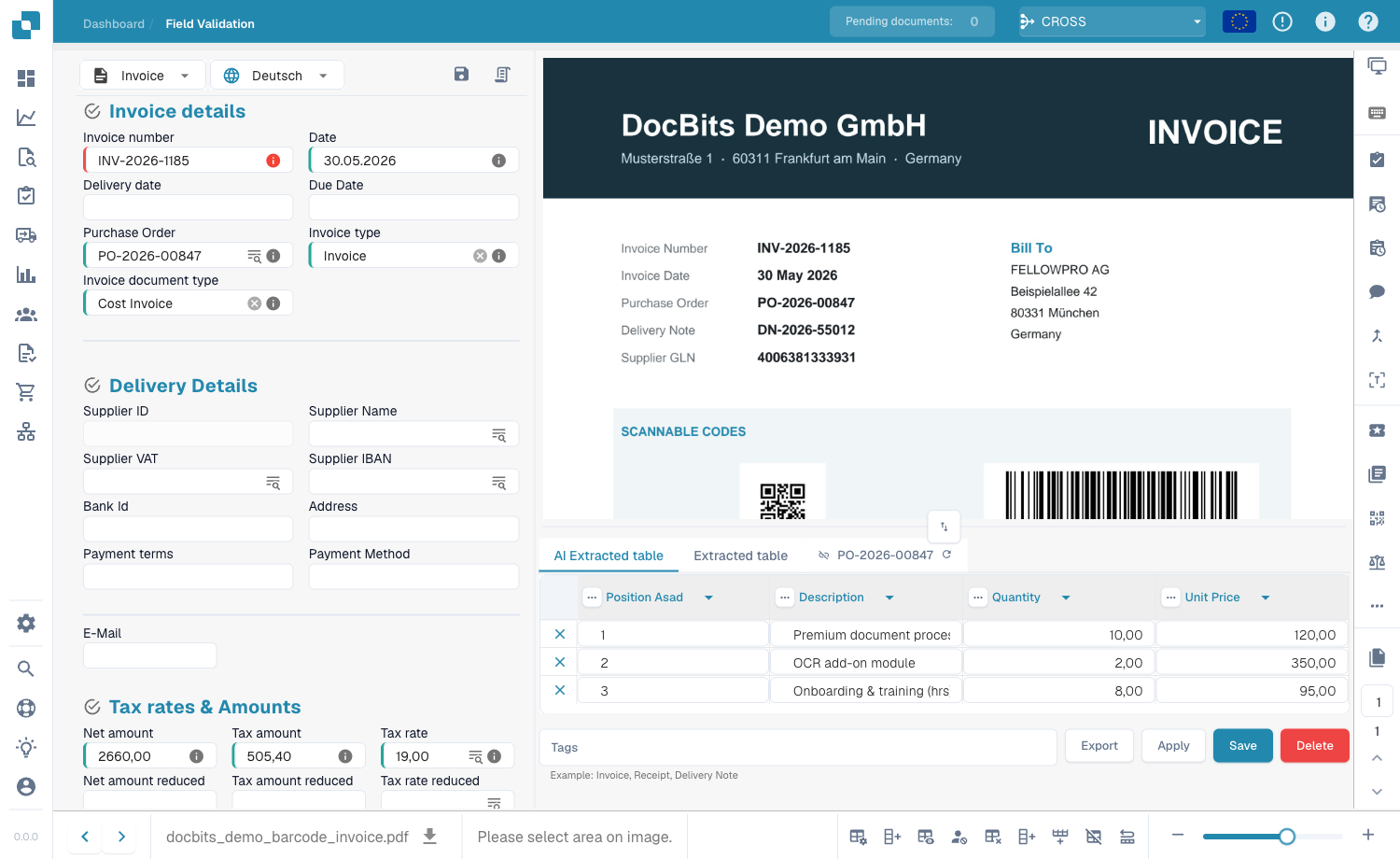 Écran de validation avec l'icône code-barres disponible