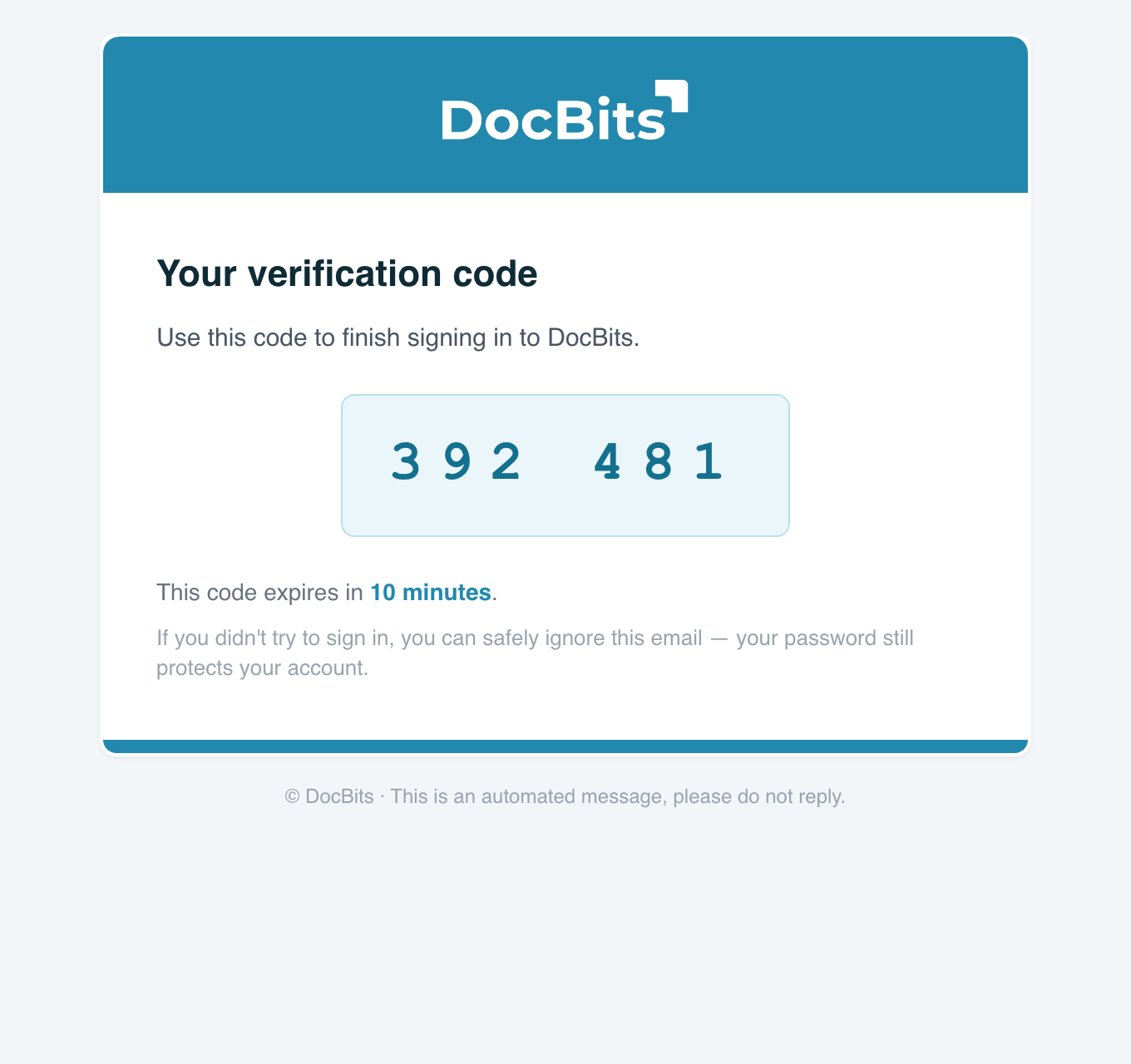 L'e-mail DocBits contenant le code de vérification