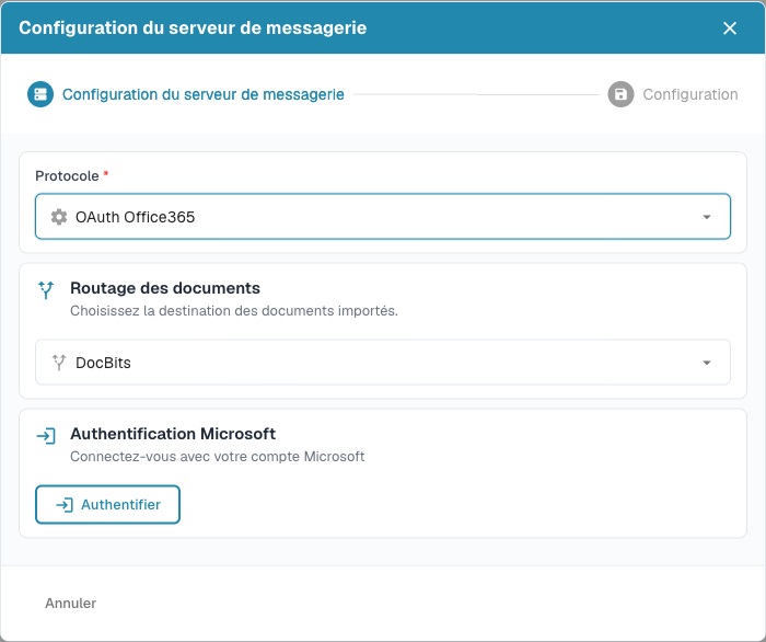 Formulaire OAuth Office365 avec Routage des documents et un bouton Authentifier