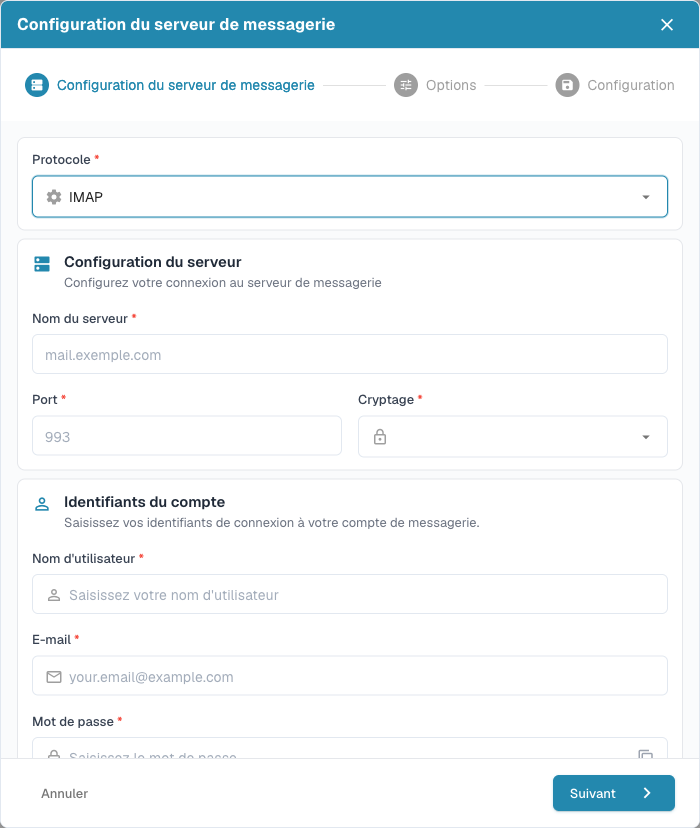 Formulaire de connexion IMAP avec serveur, port, chiffrement et identifiants