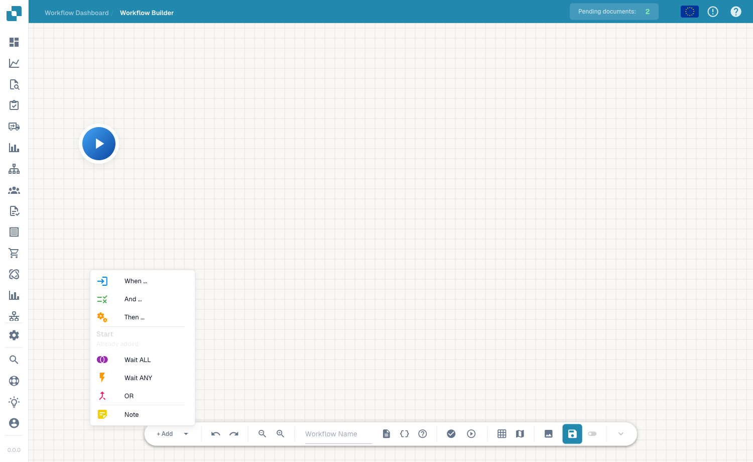 Menu Add de l'Advanced Workflow avec les types de nœuds