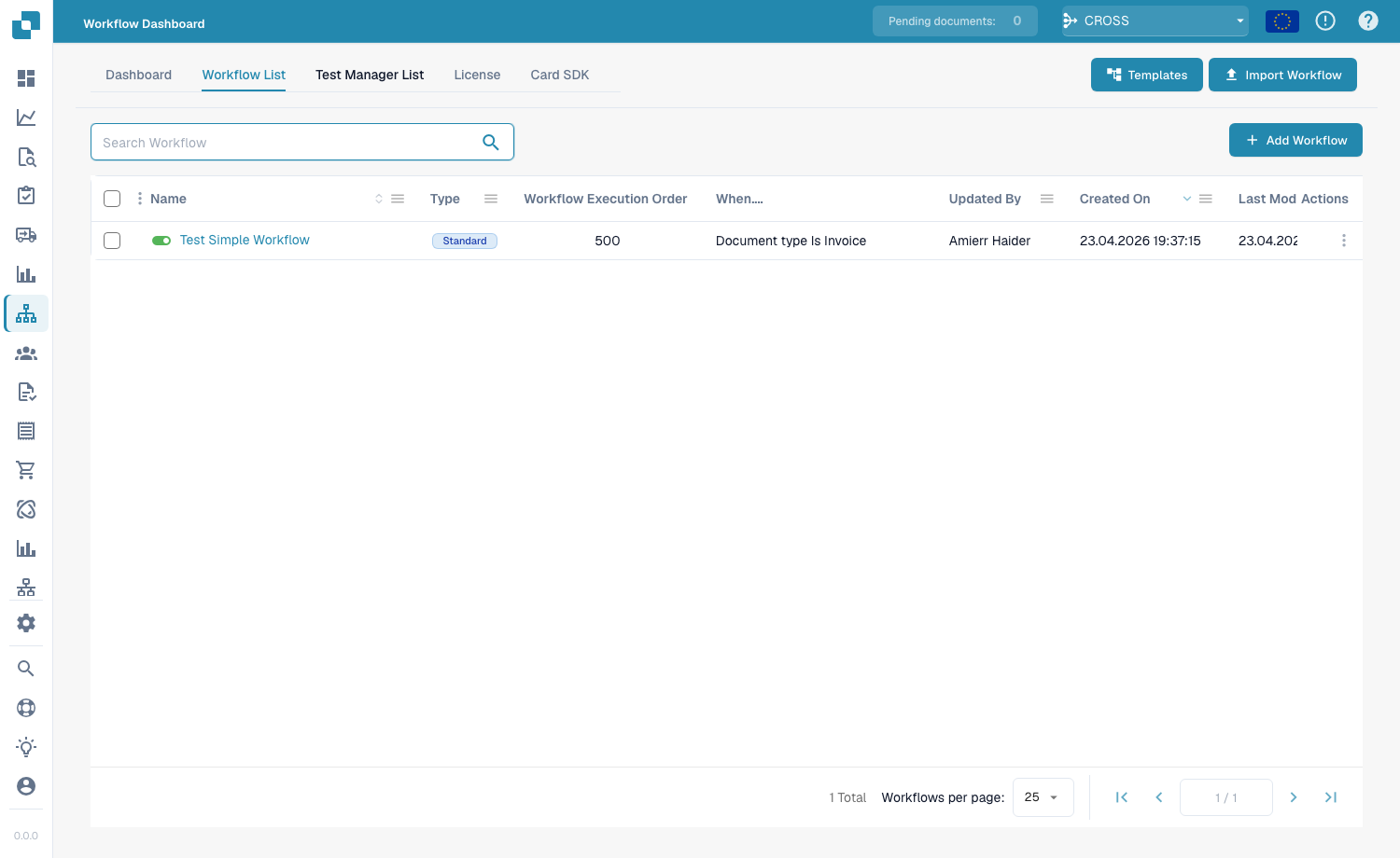 Workflow List avec le type, l'ordre d'exécution et le déclencheur