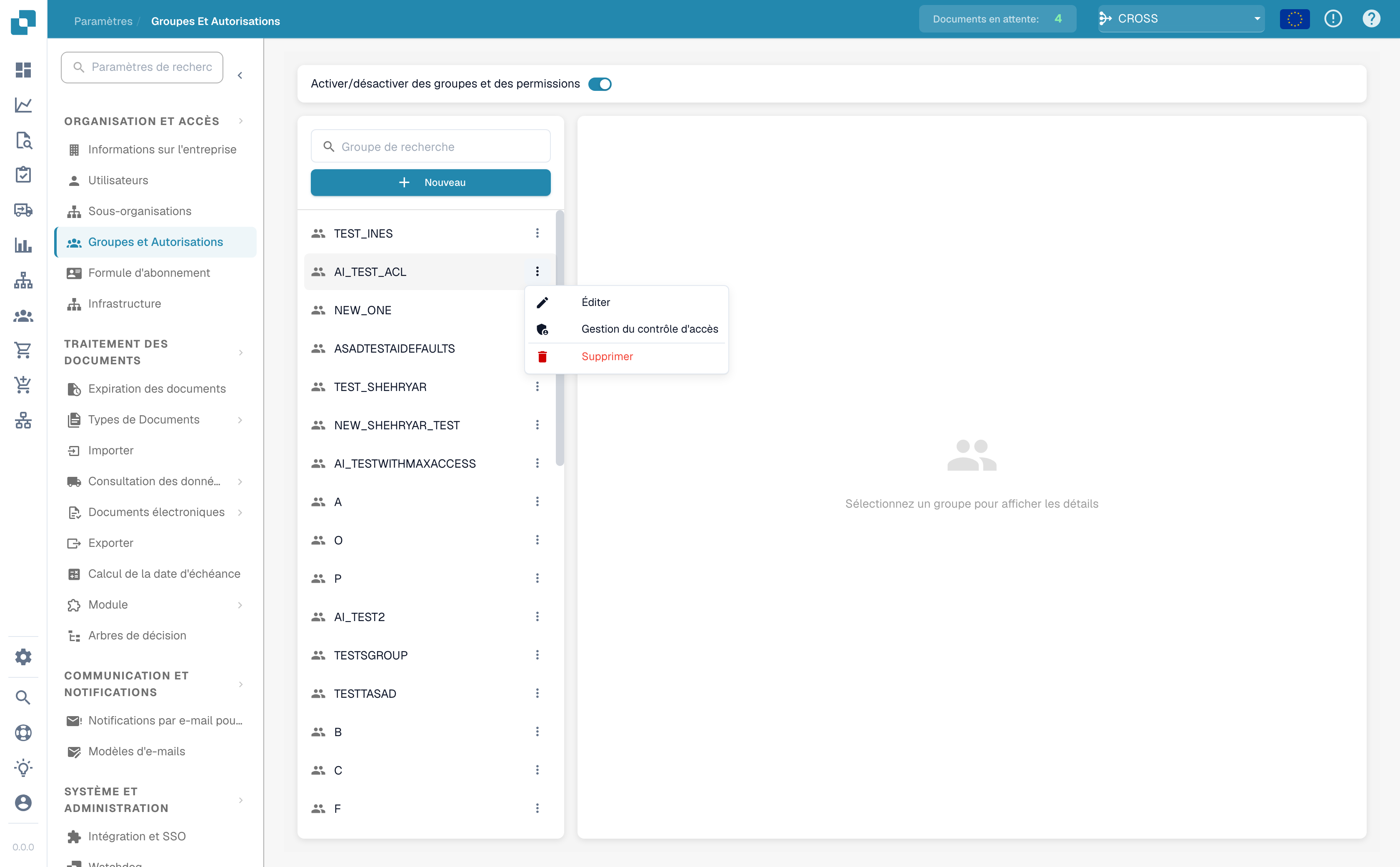 Ouvrir le menu de ligne d'un groupe et choisir Gérer le Contrôle d'Accès